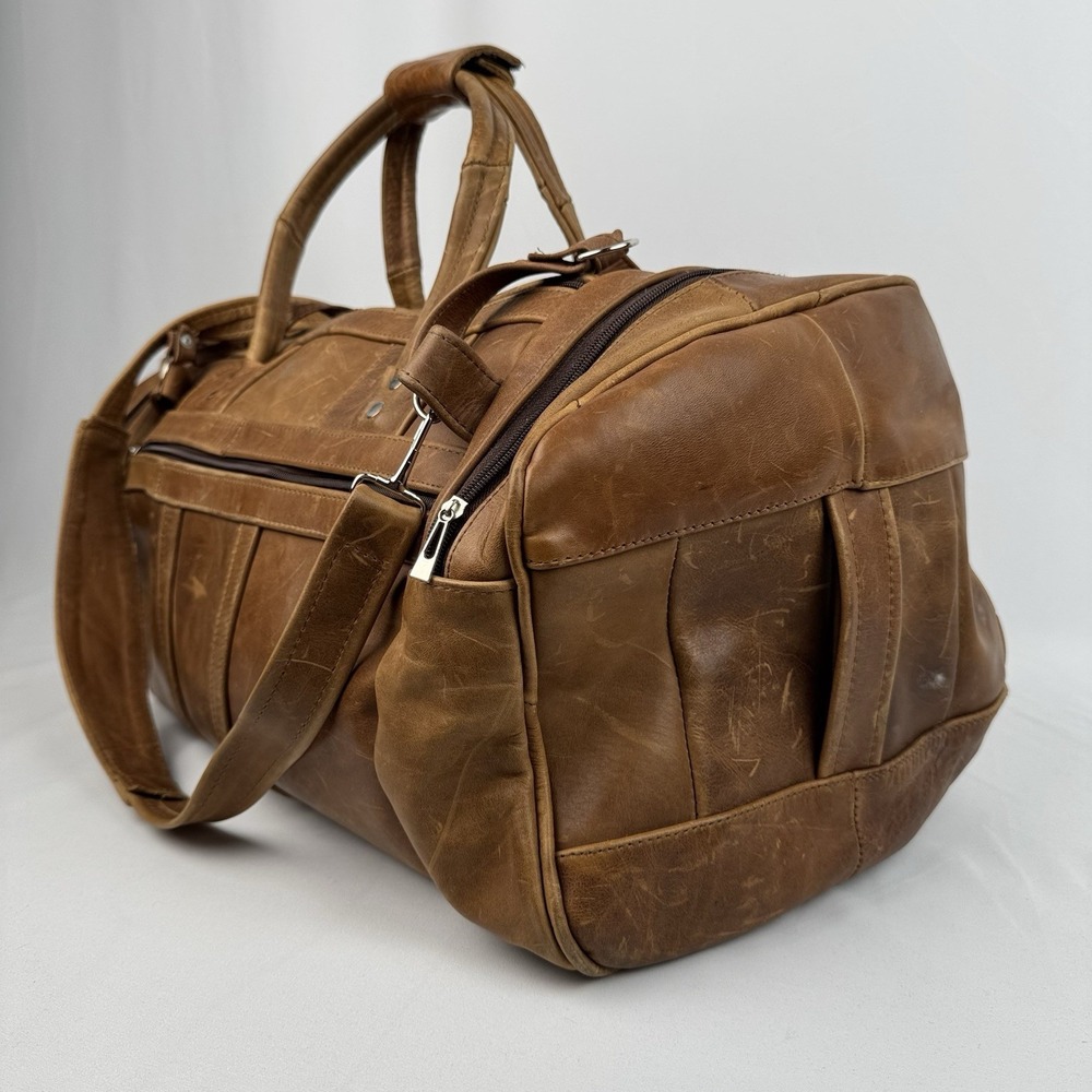 Vtg Tan Leather Duffle Bag Travel Weekender Gym Luggage Side Grab Handles 22" - Picture 7 of 13